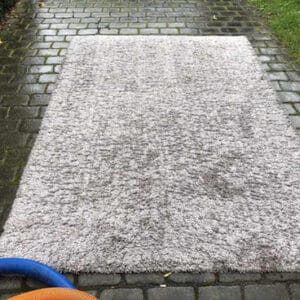 Rug cleaning process in action with equipment, removing stains and dirt.