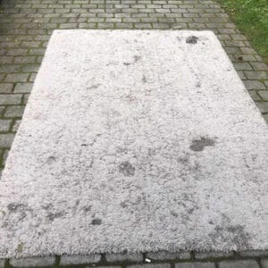 Rug before cleaning showing stains and dirt buildup.