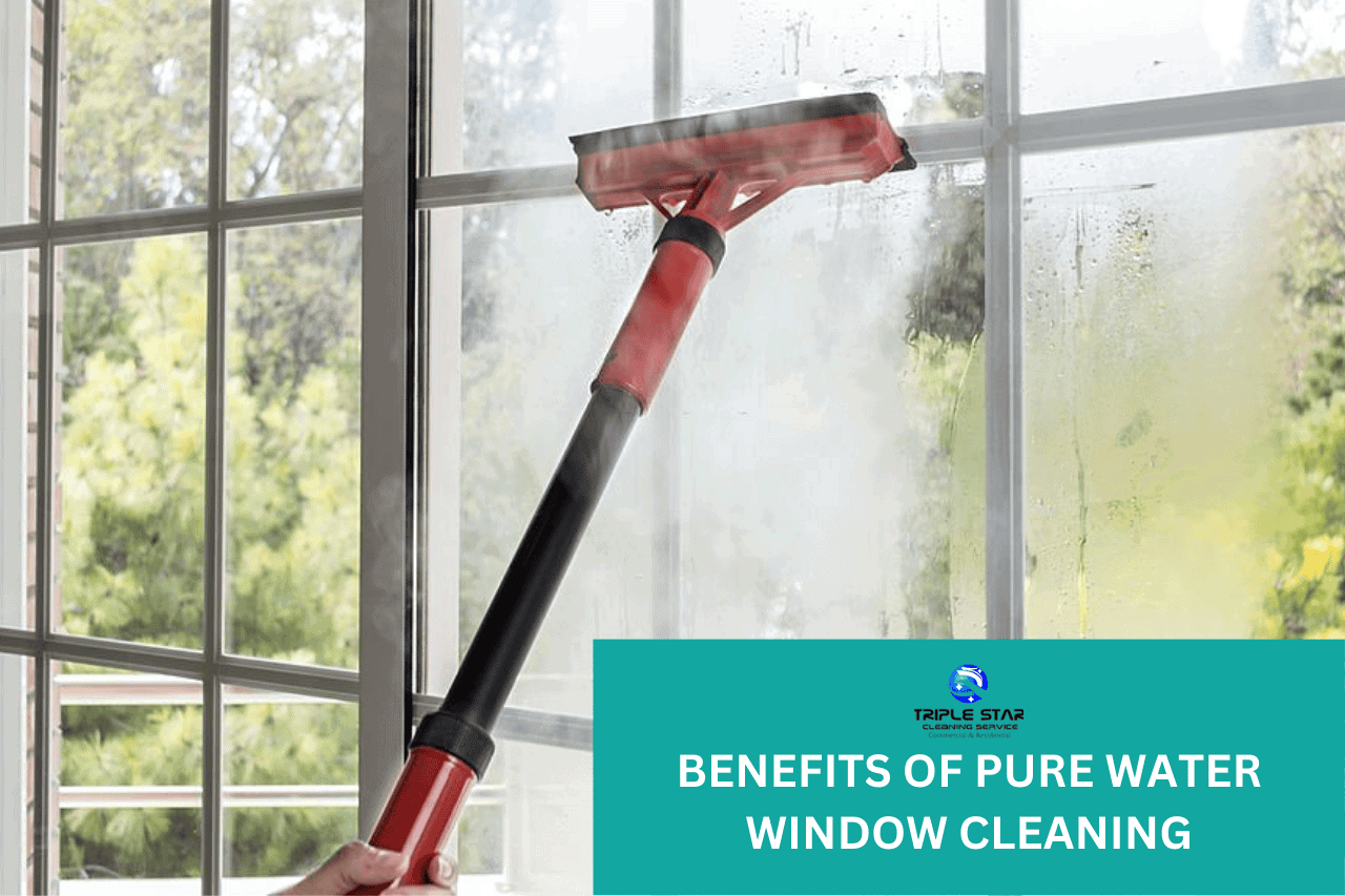 "Pure water window cleaning using a squeegee on a glass window, ensuring a streak-free finish