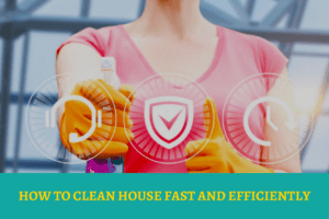 Person wearing yellow gloves holding a spray bottle, symbolizing fast and efficient house cleaning.