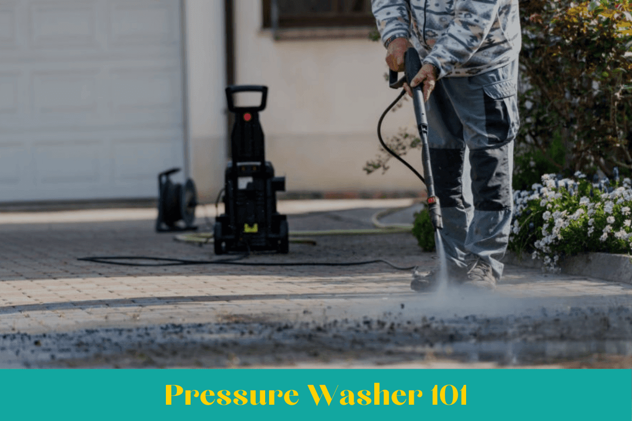 Professional using a pressure washer to clean a driveway in a residential area.