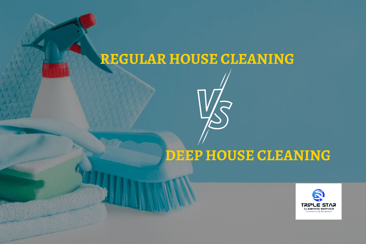Cleaning tools including a spray bottle, sponge, and brush representing the difference between regular and deep house cleaning.