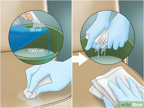 Illustration showing steps to clean vinyl furniture with a water solution and cloth.