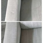 Close-up of light grey fabric couch before and after steam cleaning