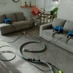 Three grey sofas with air movers drying them after upholstery cleaning