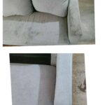 Close-up of sofa fabric before and after professional upholstery cleaning