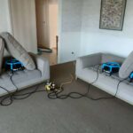 Three grey sofas with air movers drying them after upholstery cleaning