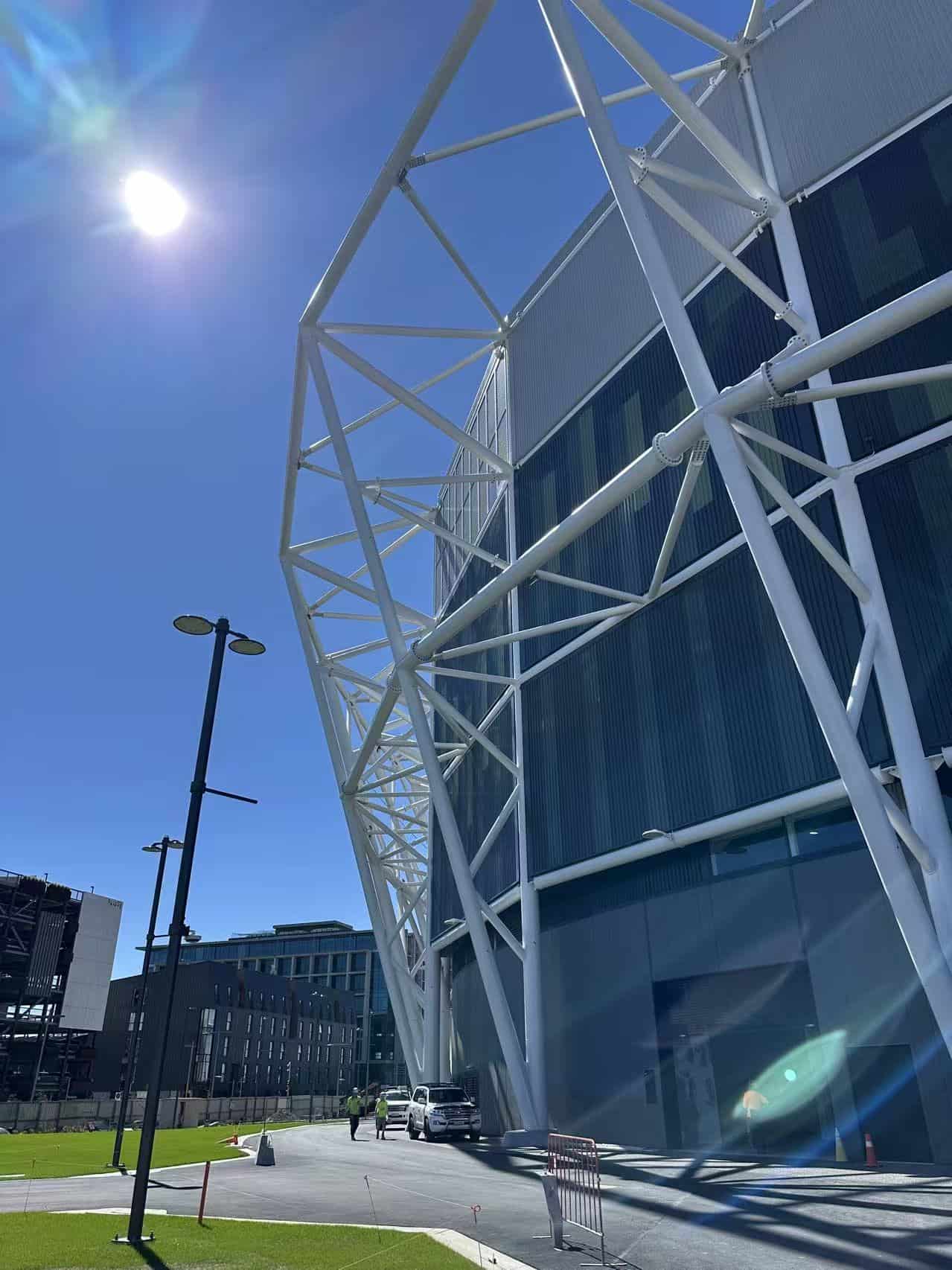 Exterior view of One New Zealand Stadium, Christchurch, showcasing the stadium's iconic architectural steel structure.